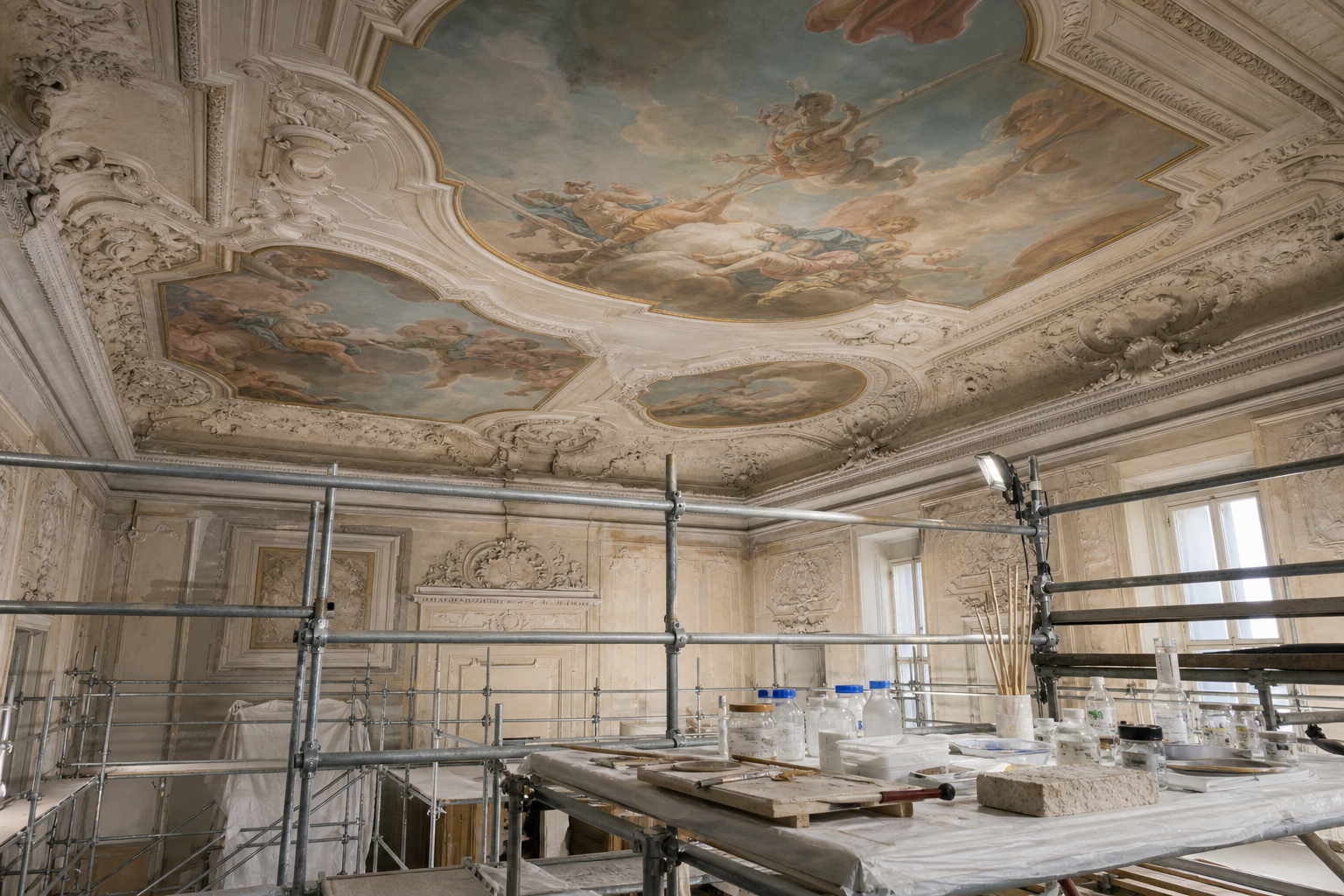 Cantiere di restauro con ponteggio sotto un soffitto affrescato