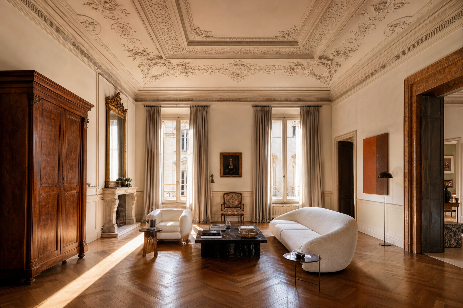 Salone d'epoca milanese restaurato con soffitti a stucco e parquet a spina